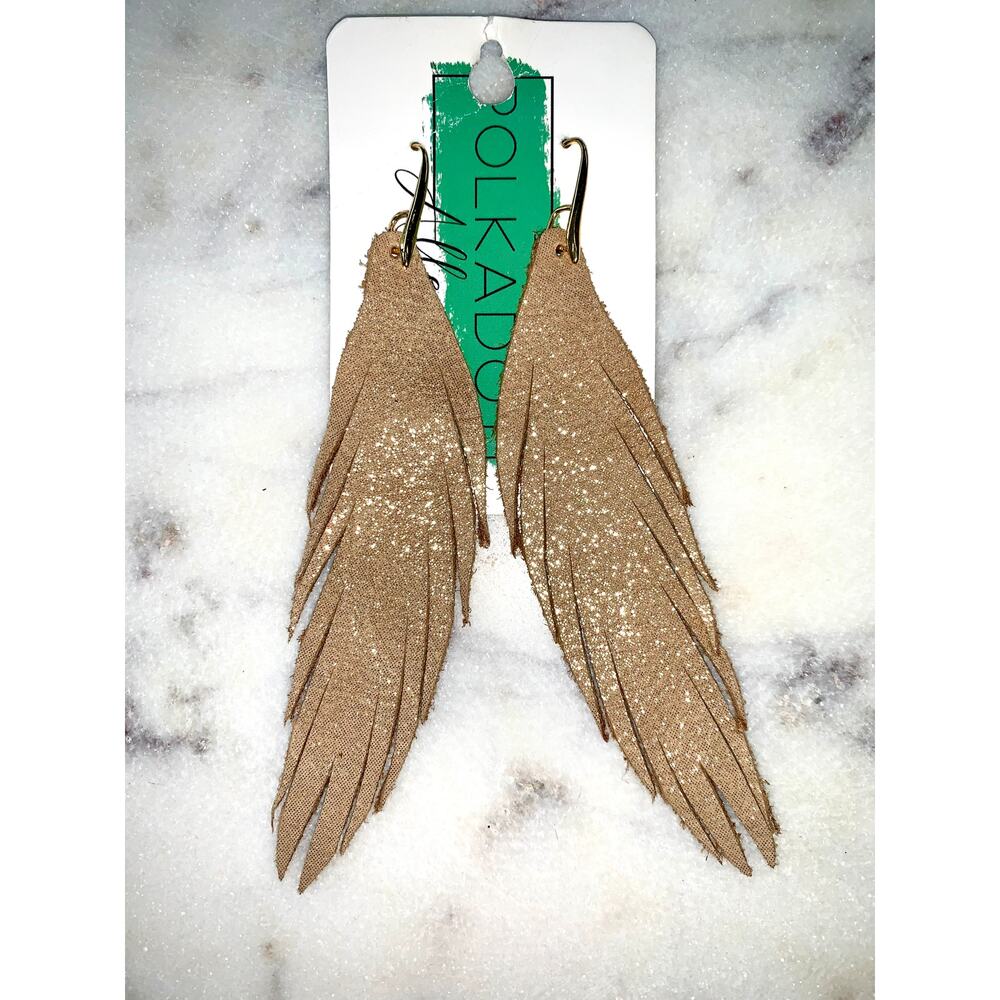 Long Shimmer Leather Gold Feather Dangle Earrings NWT
